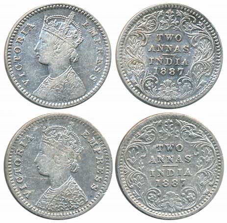 Victoria Empress, 1887, Silver 2 Anna (2), Calcutta Mint, B/II/C incused (Prid# 502) & Bom