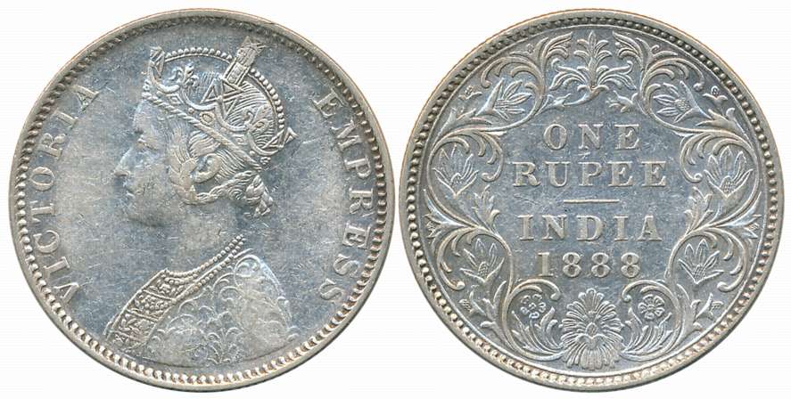 Victoria Empress, 1888, Silver Rupee, Bombay Mint, C2/I/B incused, normal B (Prid# 175). V