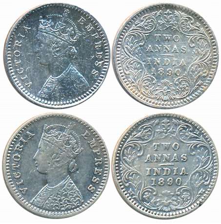 Victoria Empress, 1890, Silver 2 Anna (2), Bombay Mint, B/II/B raised (Prid# 544) & Calcut