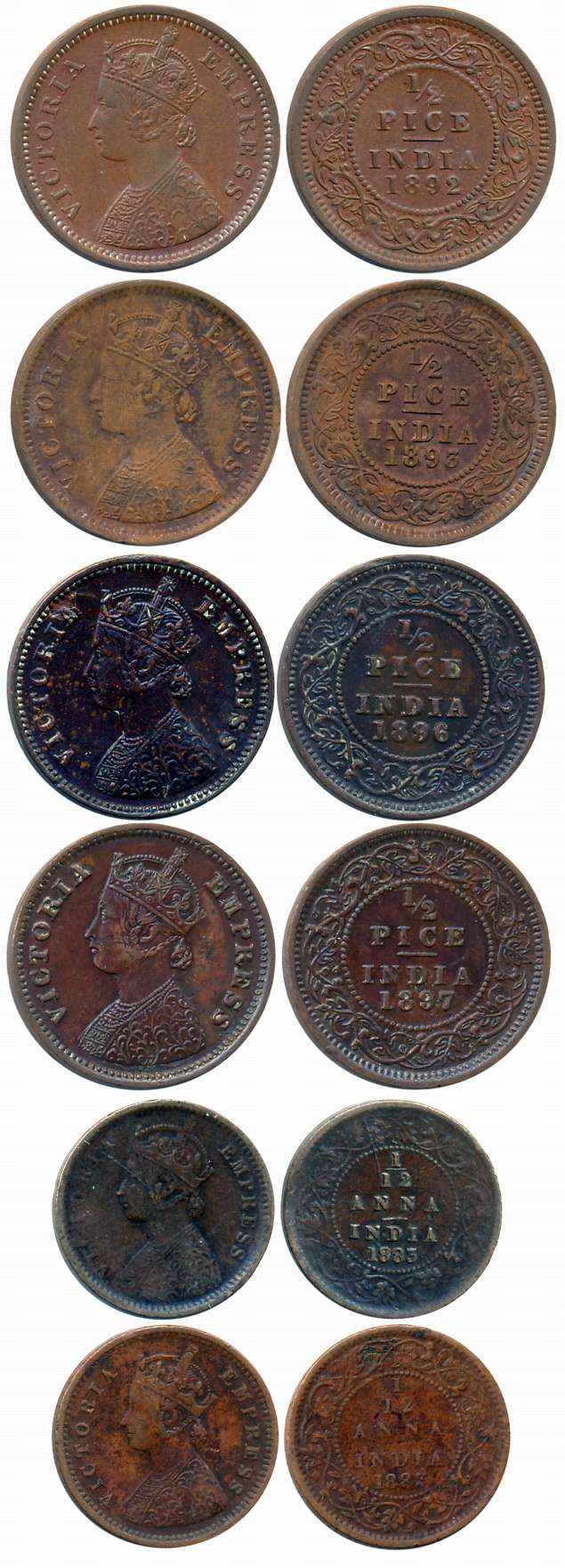 Victoria Empress, 1892, 1893, 1896, 1897, Copper 1/2 Pice (4), Calcutta Mint, (Prid# 725, 