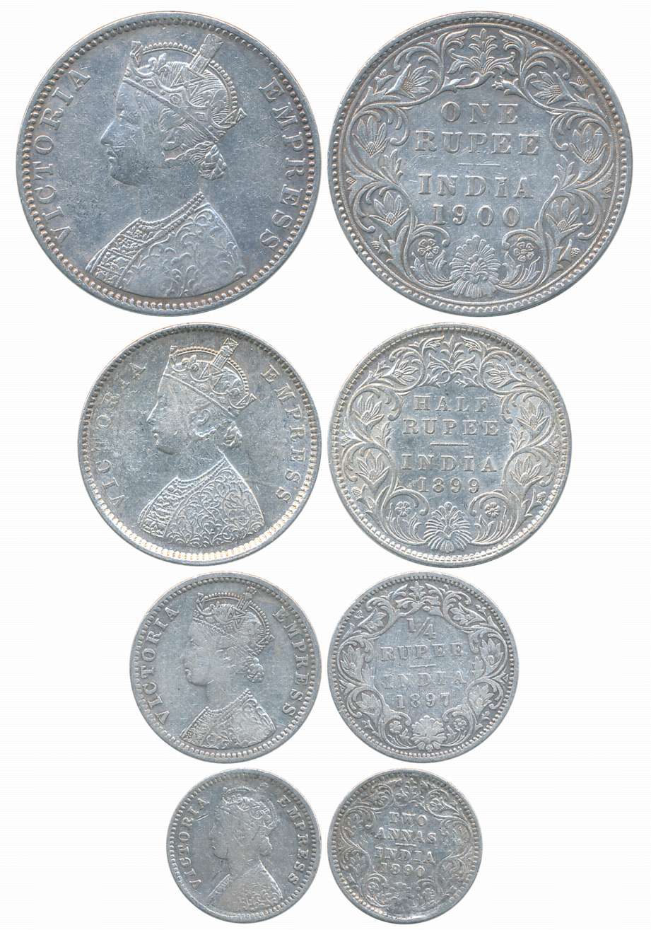 Victoria Empress, Silver (4), Complete set of Rupee, 1900, 1/2 Rupee, 1899, 1/4 Rupee, 189