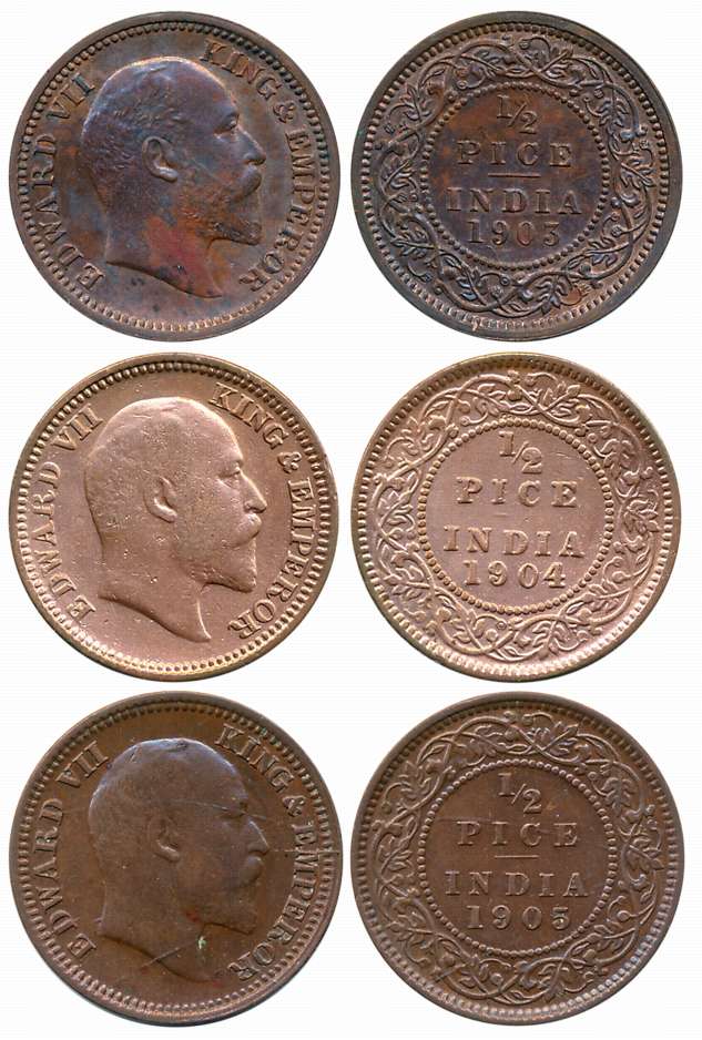 Edward VII, Copper 1/2 Pice (3), Calcutta Mint, 1903, (Prid# 735), 1904 (Prid# 736) & 1905