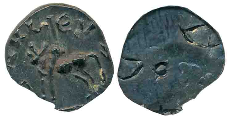 Post Ananda Banavasi, Bull to left Type, Potin, Unit, 1.12g, Obv: Bull to left, Brahmi leg