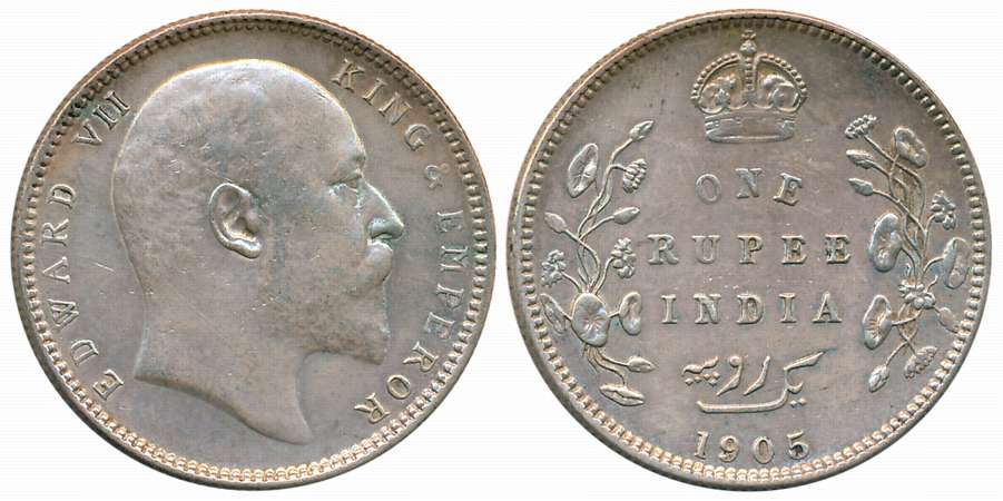 Edward VII, Silver Rupee, 1905, Calcutta Mint (Prid# 191). Very fine.
