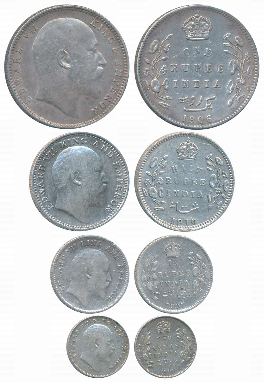 Edward VII, Silver (4), Complete set of Rupee, 1906,1/2 Rupee, 1910, 1/4 Rupee, 1907 & 2 A