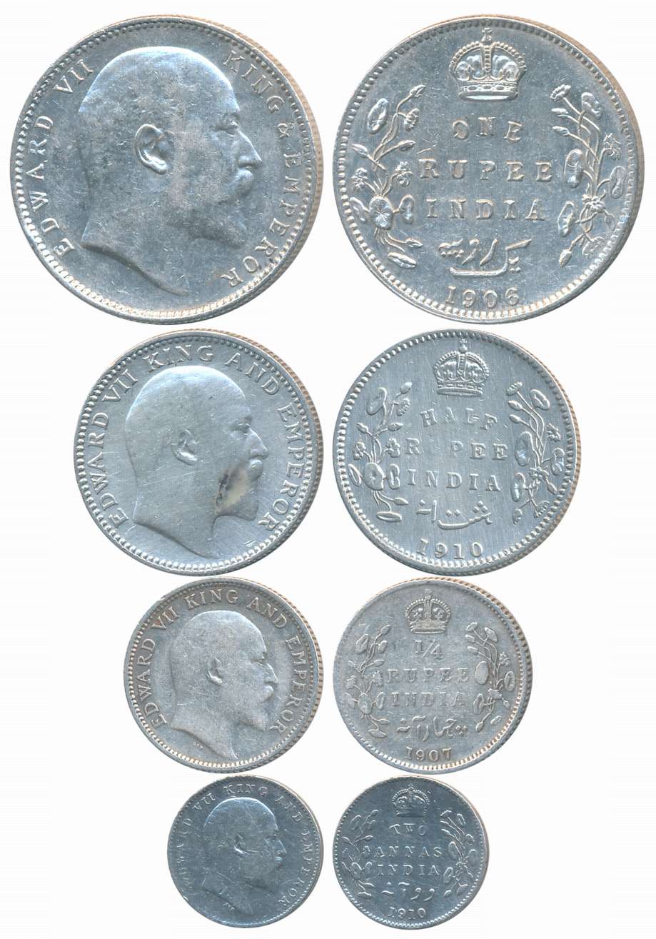 Edward VII, Silver (4), Complete set of Rupee, 1906,1/2 Rupee, 1910, 1/4 Rupee, 1907 & 2 A