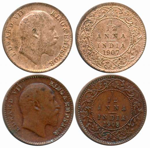 Edward VII, 1907, Copper 1/12 Anna (2), Calcutta Mint, (Prid# 823), 1908 (Prid# 824). Very