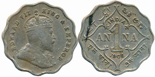 Edward VII, 1908, Copper Nickel, 1 Anna, Bombay Mint (Prid# 927). Very fine+.