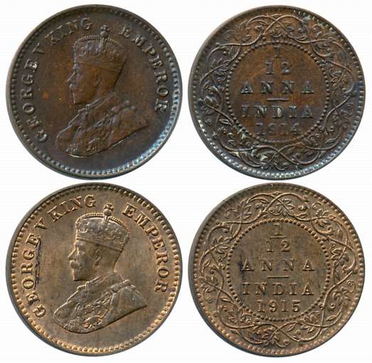 George V, 1914, Copper 1/12 Anna (2), Calcutta Mint, (Prid# 829), 1915 (Prid# 830). Extrem