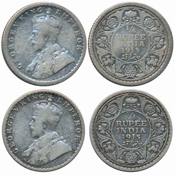 George V, 1915, Silver 1/4 Rupees (2), Calcutta Mint (Prid# 444) & Bombay Mint, (Prid# 457