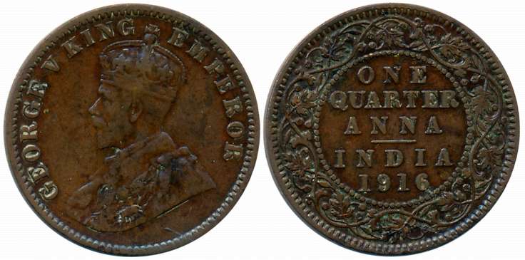 George V, 1916, Bronze 1/4 Anna, Calcutta Mint, (Prid# 661). About very fine, scarce.