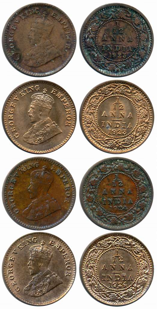 George V, Copper 1/12 Anna (4), 1923, Calcutta Mint (Prid# 837), Bombay Mint (Prid# 851) &