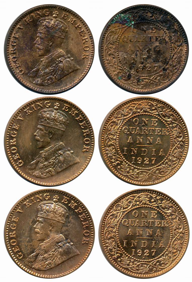 George V, Bronze 1/4 Anna (3), 1927, Calcutta Mint (1) (Prid# 668) & Bombay Mint (2 differ