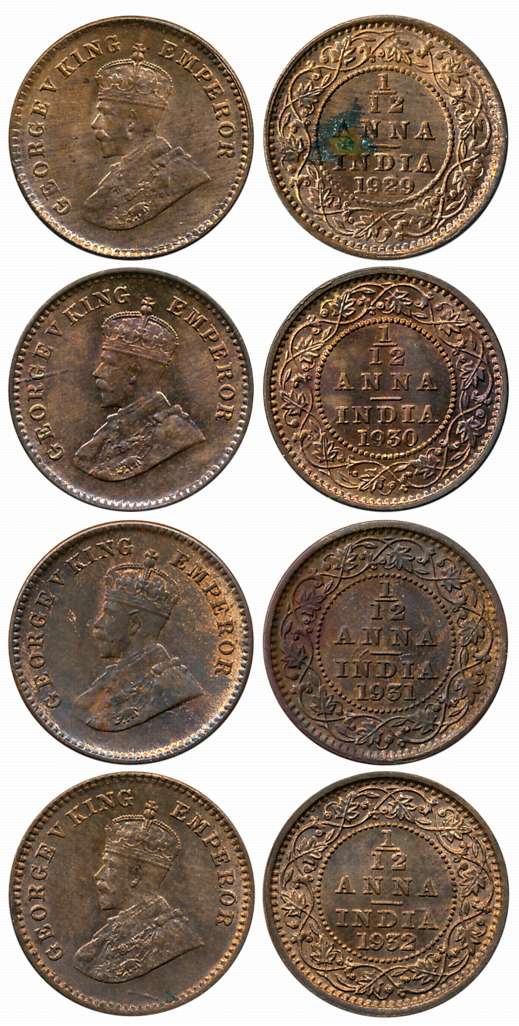 George V, Copper 1/12 Anna (4), Calcutta Mint, 1929 (Prid# 843), 1930 (Prid# 844), 1931 (P