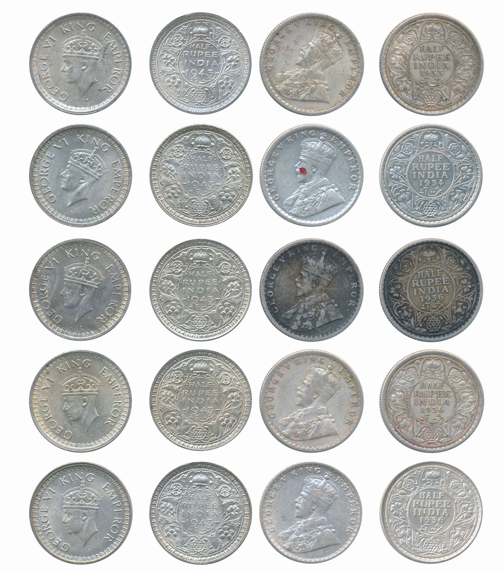 Silver 1/2 Rupees (10), George V, 1933, 1934, 1936 (3) & George VI, 1943 (5). Very Fine. 1