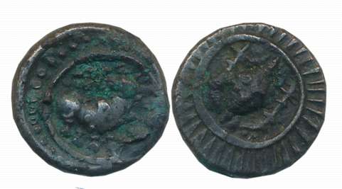 Vishnukundin, Andhra Region, Copper Base Alloy, 3.07g, Obv: Lion facing right front Srivat