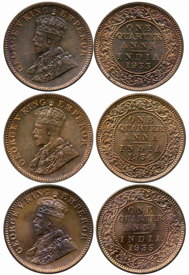 George V, Bronze 1/4 Anna (3), Calcutta Mint, 1933 (Prid# 673), 1934 (Prid# 674) & 1935 (P