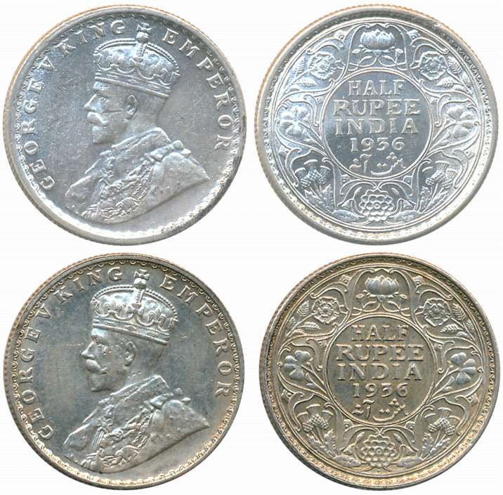 George V, Silver 1/2 Rupees (2), 1936, Calcutta Mint (Prid# 335) & Bombay Mint (Prid# 350)