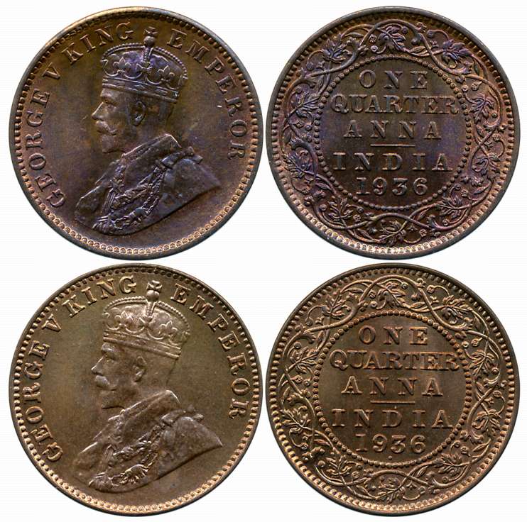 George V, Bronze 1/4 Anna (2), 1936, Calcutta Mint (Prid# 676) & Bombay Mint (Prid# 683). 