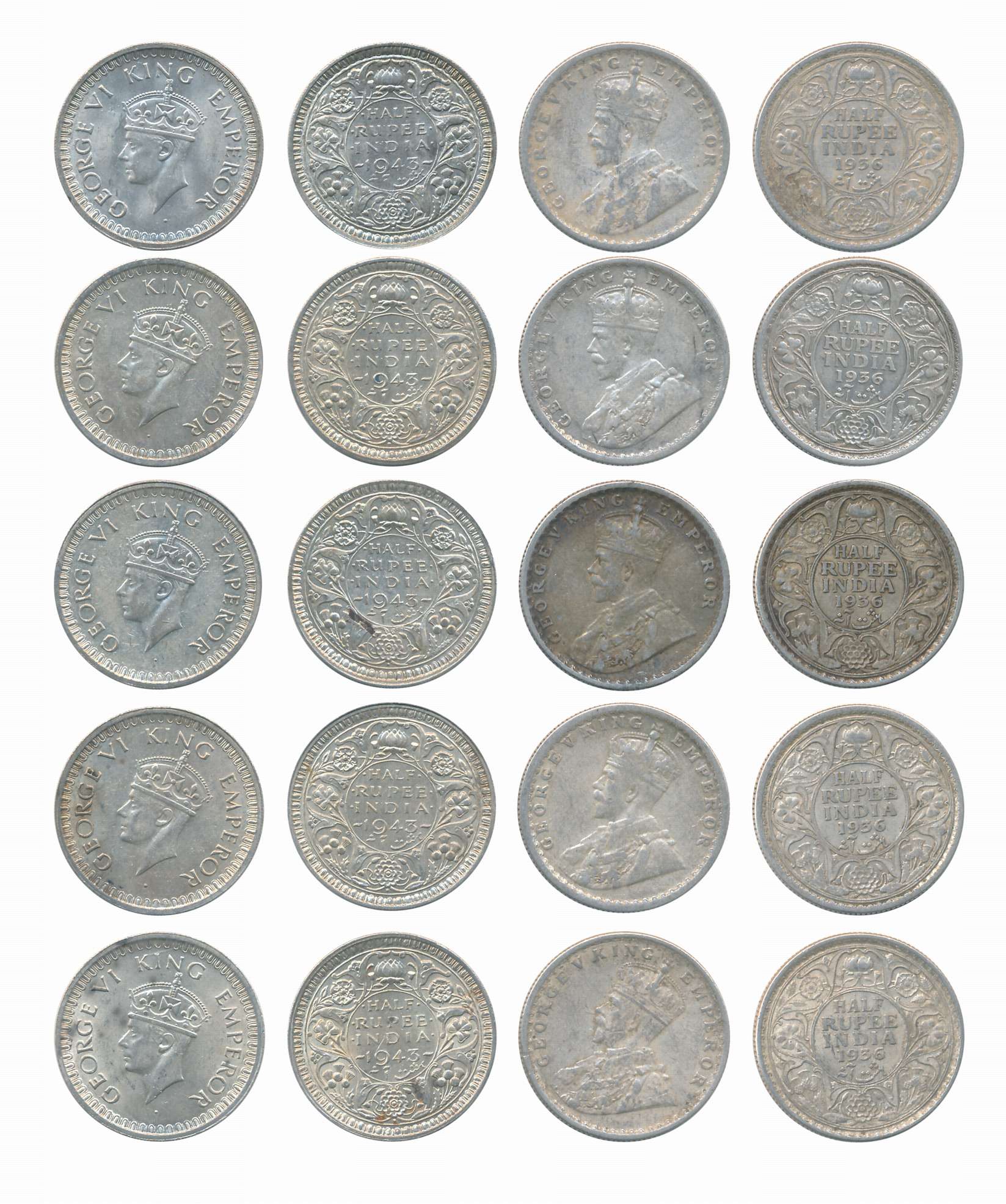 Silver 1/2 Rupees (10), George V, 1936 (5) & George VI, 1943 (5). Very Fine. 10 coins.
