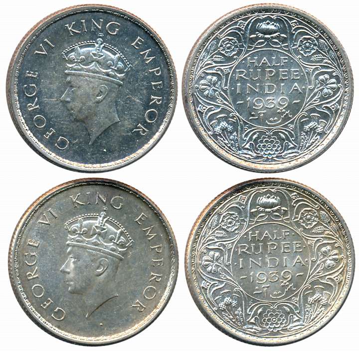 George VI, Silver 1/2 Rupees (2), Young head, 1939, Bombay Mint (Prid# 352), Calcutta Mint