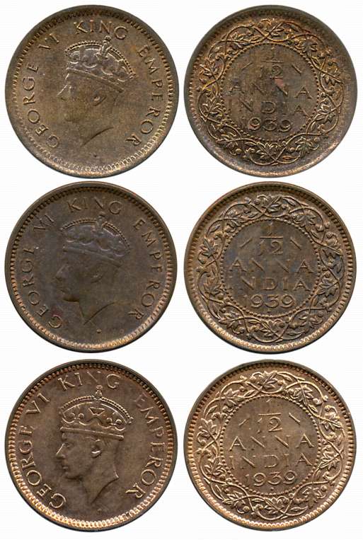 George VI, Copper 1/12 Anna (3), Calcutta Mint (1), 1939 (Prid# 859) & Bombay Mint, 1939, 