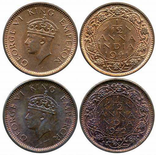 George VI, Copper 1/12 Anna (2), Bombay Mint, 1941, Mature head (Prid# 862) & 1942 (Prid# 