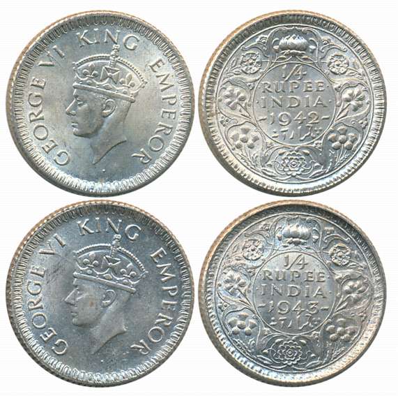 George VI, Silver 1/4 Rupees (2), Calcutta Mint, 1942, reeded edge (Prid# 474), 1943, reed