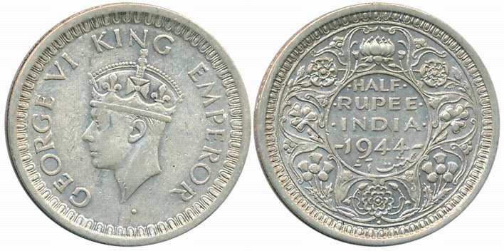 George VI, Silver 1/2 Rupee, 1944, Bombay Mint, I(a), diamond (Unlisted in Pridmore). Very