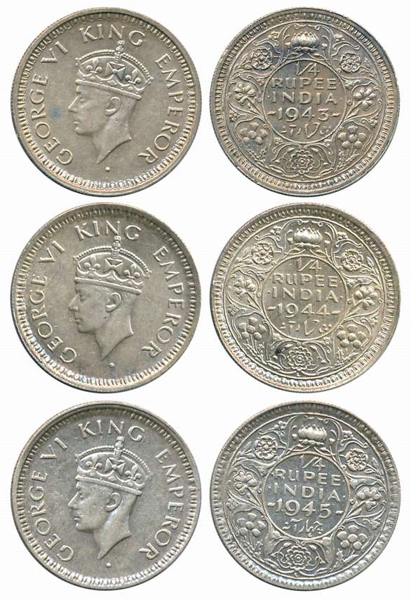 George VI, Silver 1/4 Rupees (3), Lahore Mint (3), 1943, I(a)/L Mint mark (Prid# 476), 194