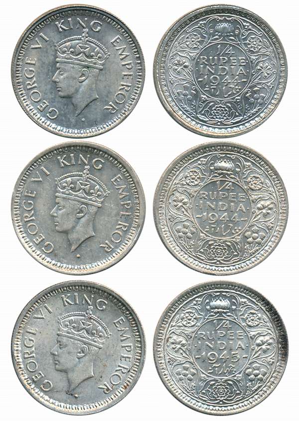 George VI, Silver 1/4 Rupees (3), Bombay Mint, 1944, II/diamond (Prid# 467), 1944, I(a)/do