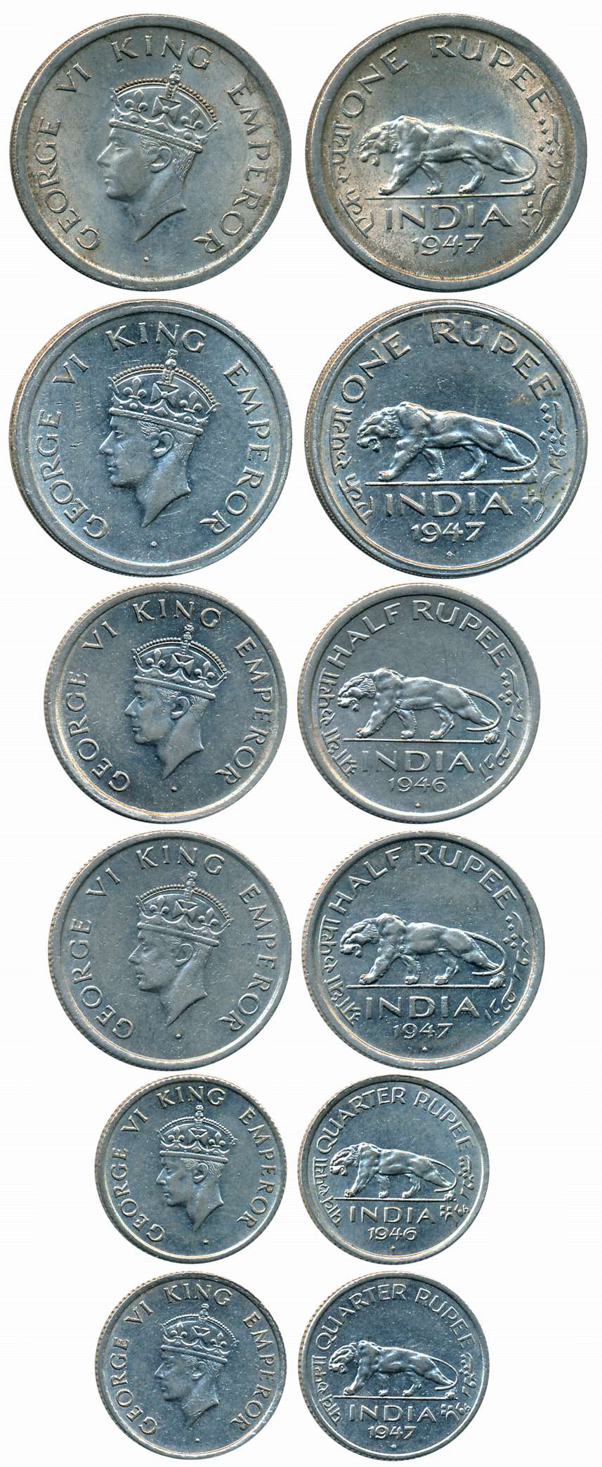 George VI, Nickel (6), Rupee (2), 1947 (Prid# 864,865), 1/2 Rupee (2), 1946 (Prid# 866, 19