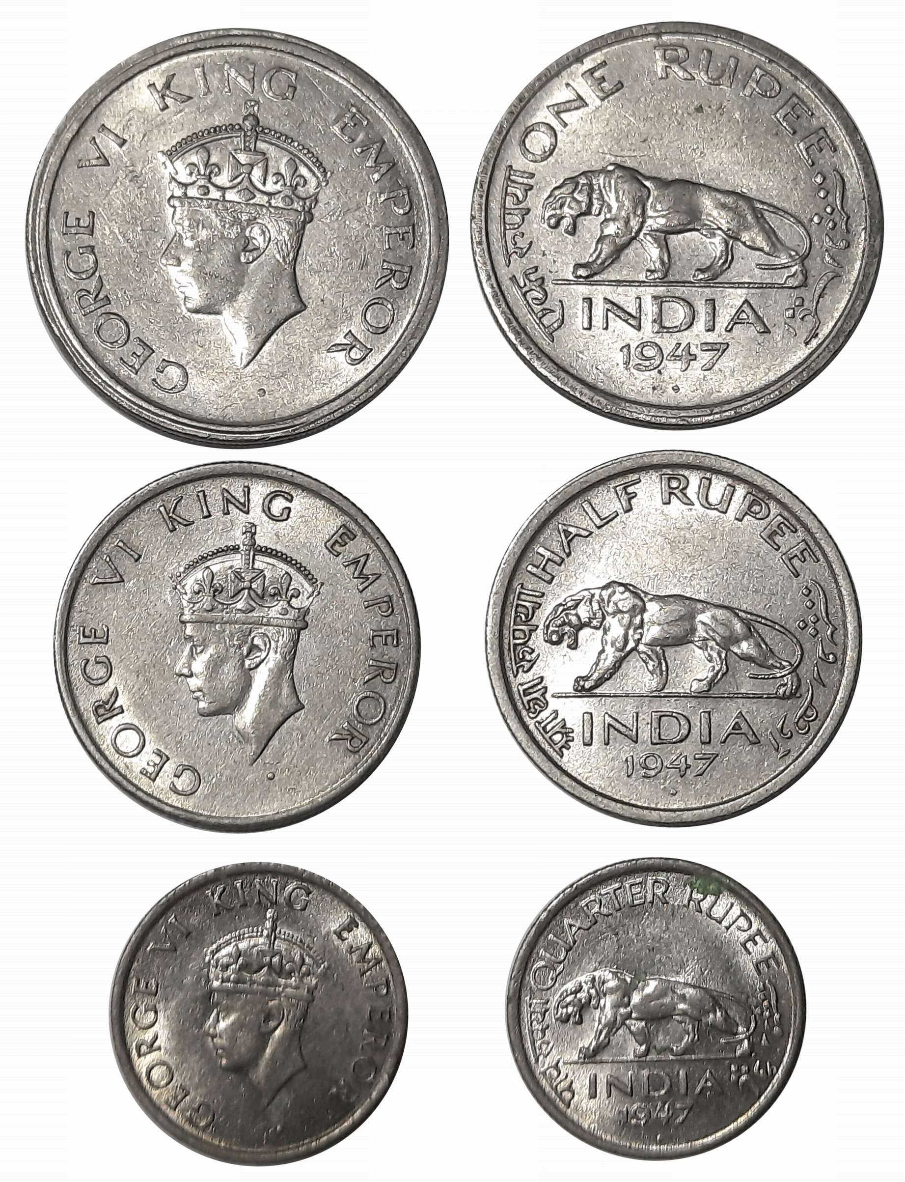 George VI, Complete set of Nickle 3 coins 1947, Rupee, 1/2 Rupee & 1/4 Rupee. Very fine to