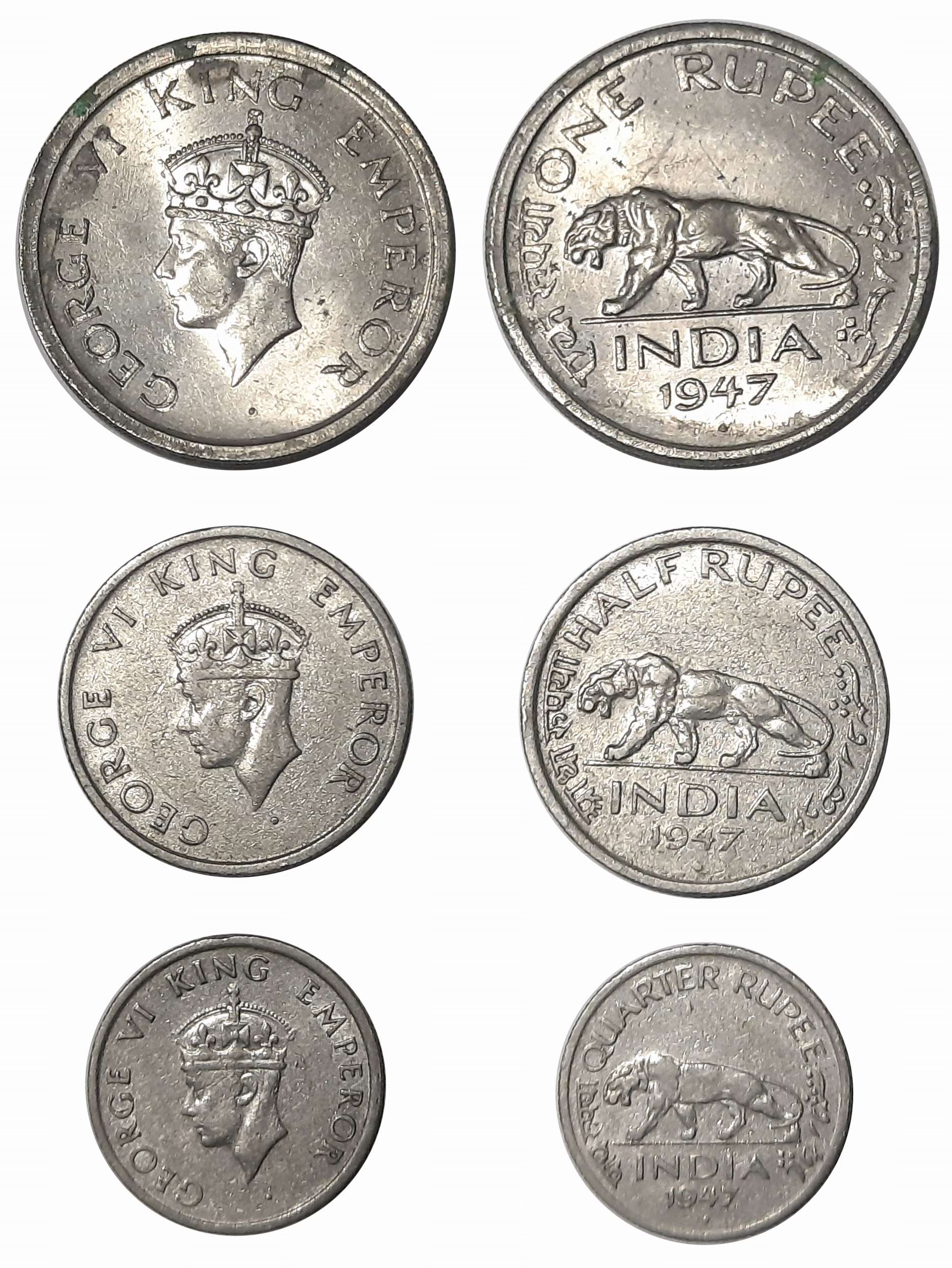 George VI, Complete set of Nickle 3 coins 1947, Rupee, 1/2 Rupee & 1/4 Rupee. Very fine to