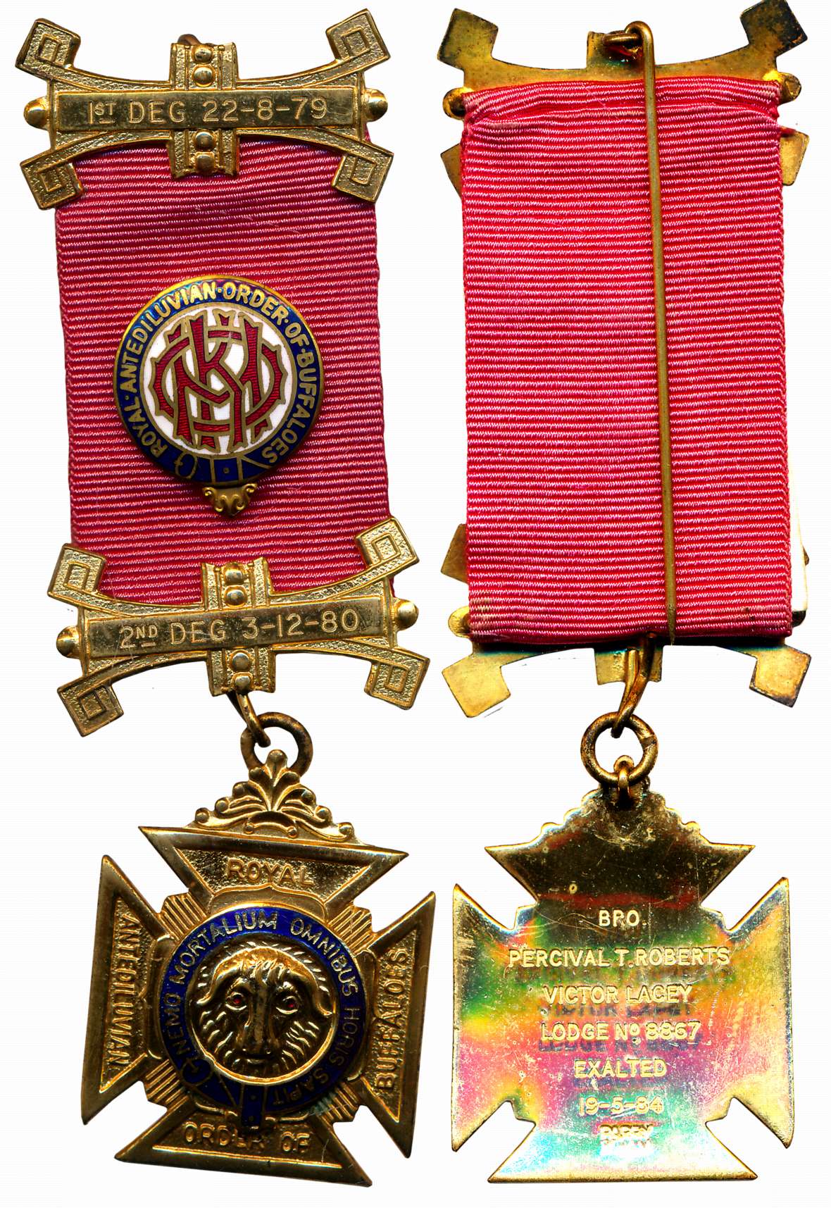 Masonic Medal, Gold Plated Royal Antediluvian Order of Buffaloes, 2nd DEG 3-12-80. Very fi