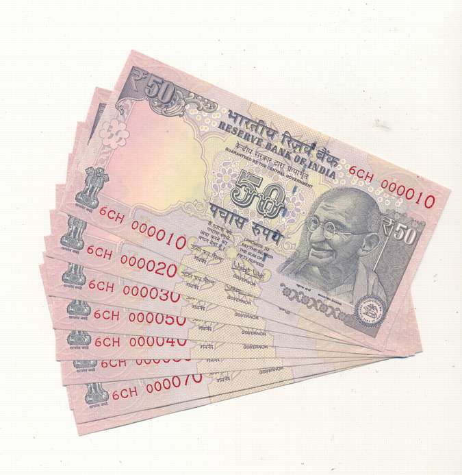 Rupees 50 (9), Fancy Number- 000010 to 000090, Signed by Urjit Patel, Prefix 6/CH, Inset L