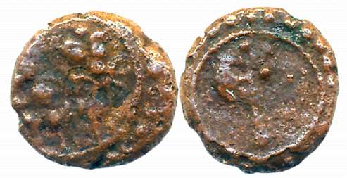 Haider Ali, Copper 1/8 Paisa, 0.63g, Obv: Lion, Rev: Battle axe (KM# 22). Uncleaned, very 
