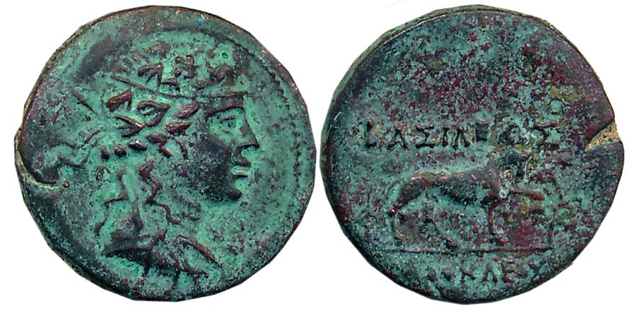 Baktrian Greeks, Agathokles, Copper Nickle, 3.46g, Obv: Bust of Dionysos wreathed with ivy