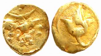 Hoysalas of Dwarasamudra, Vinayaditya, Gold 1/4 Fanam, 0.15g, Obv: Stylized Lion walking r