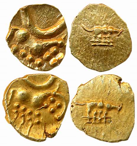 Hoysalas of Dwarasamudra, Anonymous, Gold Fanams (2), 0.30g, 0.40g, Obv: Lion to right cre