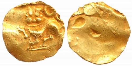 Yadavas of Devagiri, Ramachandra Deva, Gold Hana or Fanam, 0.18g, Obv: Lion standing with 