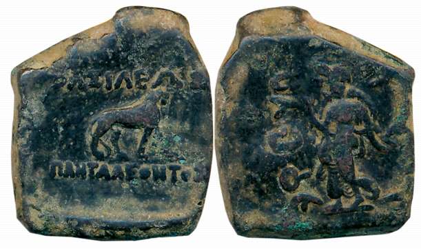 Baktrian Greeks, Bronze, Pantaleon, 11.03g, Obv: Laxmi advancing to left, holding Lotus, R