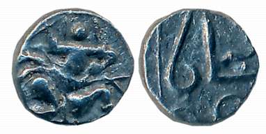 Abhiras of Bhambhagiri, Lakshmideva, Silver 2-1/2 Tara, 0.21g, Obv: warrior running to rig