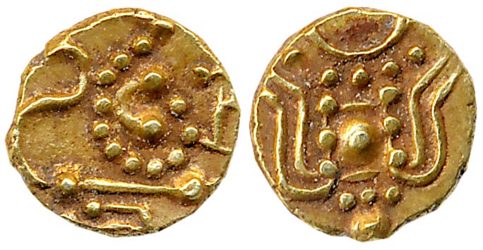 Santaras of Santalige, Anonymous, 10th century, Gold Fanam, 0.39g, Obv: Lion standing faci