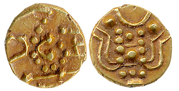Santaras of Santalige, Anonymous, 10th century, Gold Fanam, 0.39g, Obv: Lion standing faci