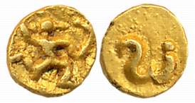 Shilaharas of Karahad, Wai/ Karhad region, Gold 1/2 Fanam, 0.11g, Obv: Garuda seated facin