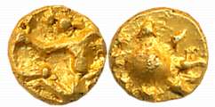 Shilaharas of Karahad- Wai/ Karhad region, Gold 1/4 Fanam, 0.12g, Obv: Garuda holding snak
