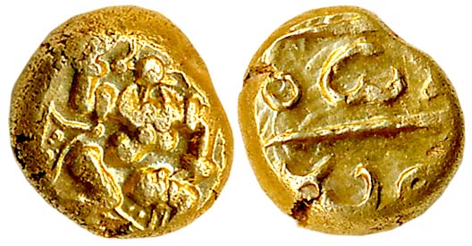 Nidugal Chola, Irungola III, Gold Gadyana, 3.40g, Obv: Warrior running to right with right
