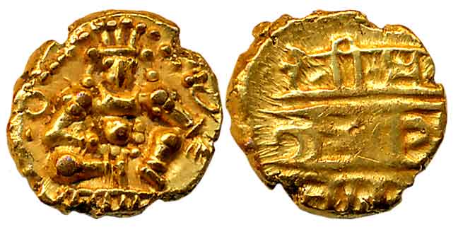 Vijaynagar Empire, Krishnadevaraya, Gold Varaha- Hon, 3.32g, Obv: Seated Lord Balakrishna 