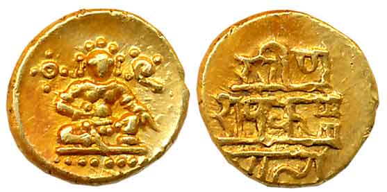 Vijaynagar Empire, Krishnadevaraya, Gold 1/2 Varaha- Hon, 1.69g, Obv: Seated Lord Balakris